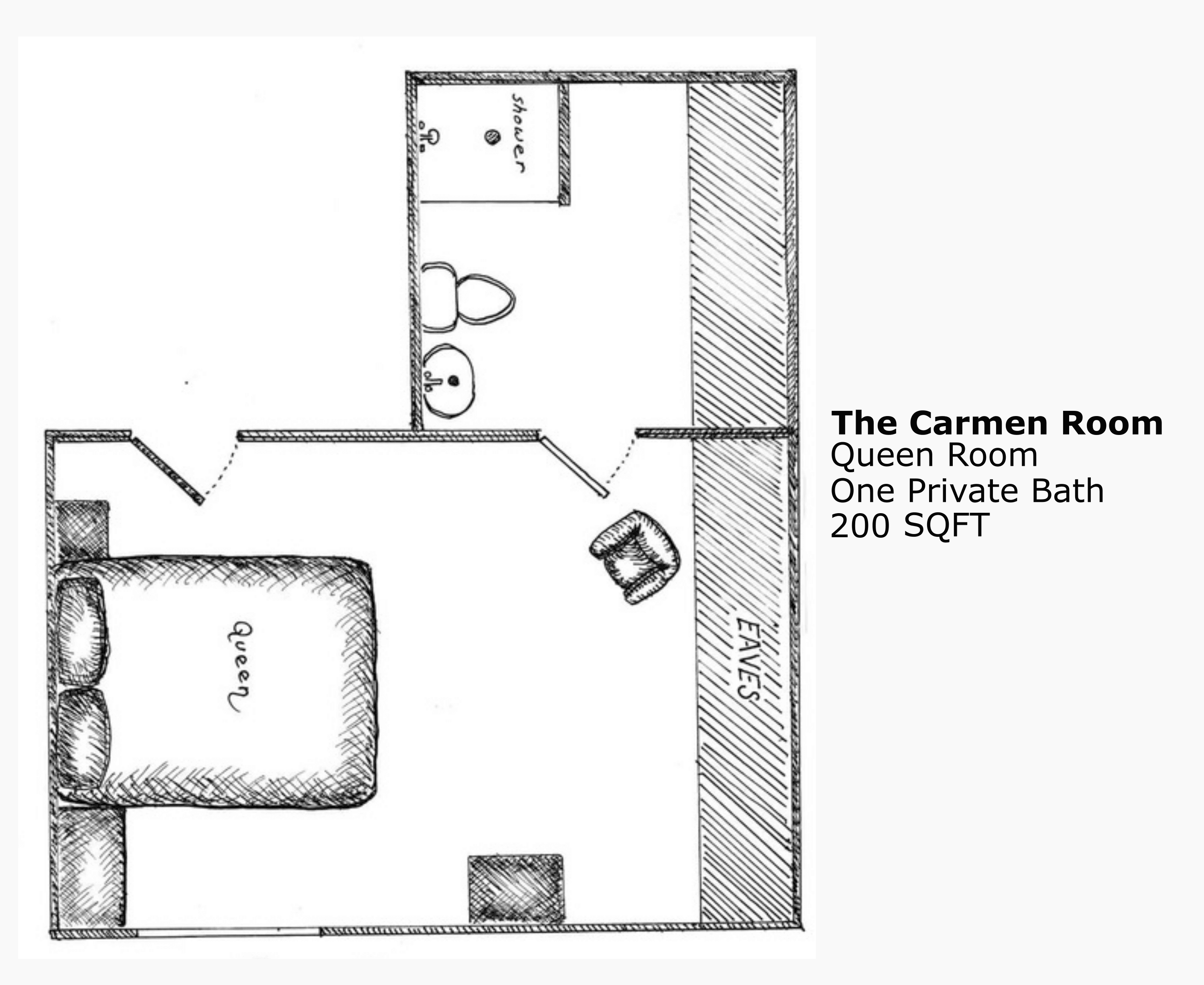 Floor plan of the Carmen Room at Cooperstown Bed and Breakfast showing queen canopy bed, private bathroom with shower, and sitting area under the eaves