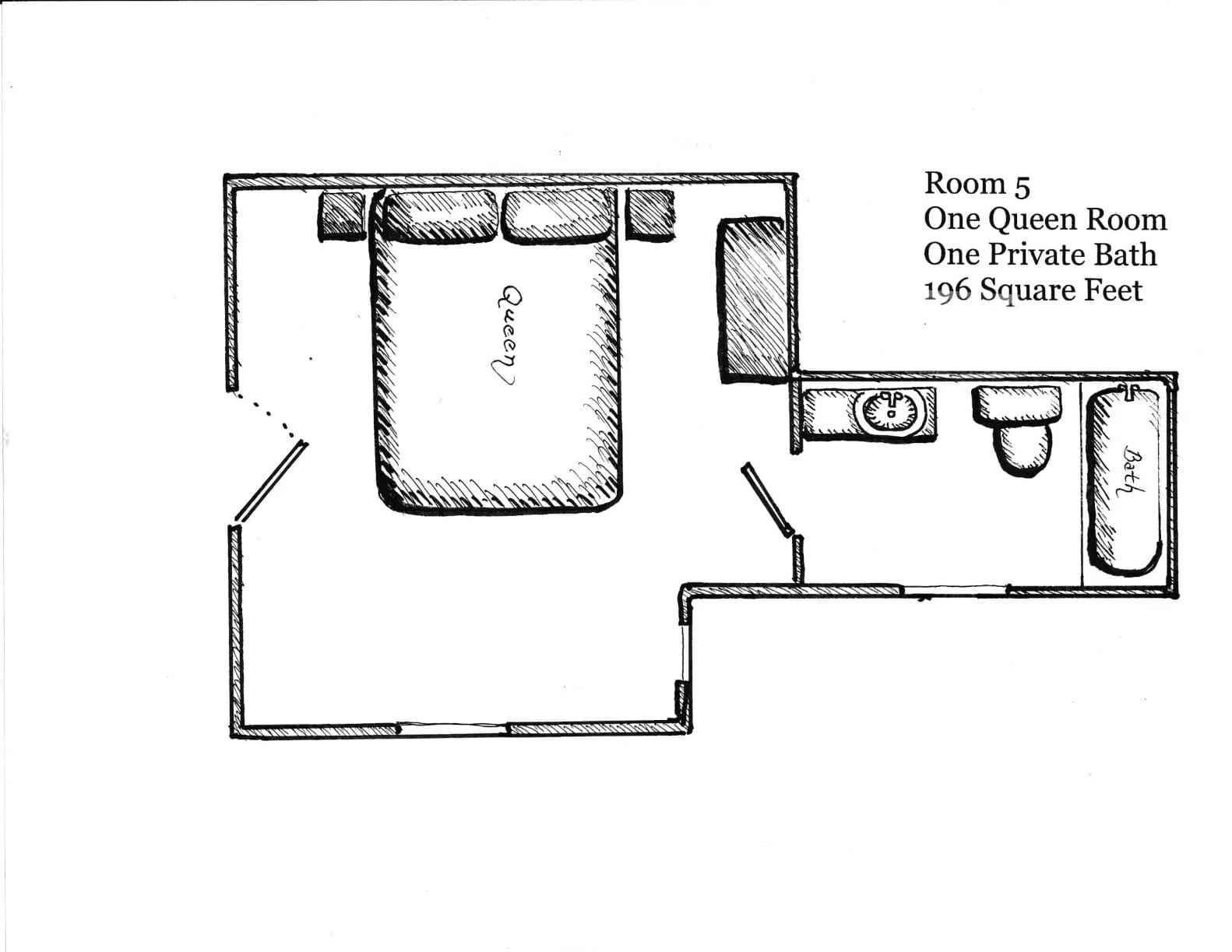 Floor plan of the Ozzie Smith Room showing queen bed, bay window, and private bathroom