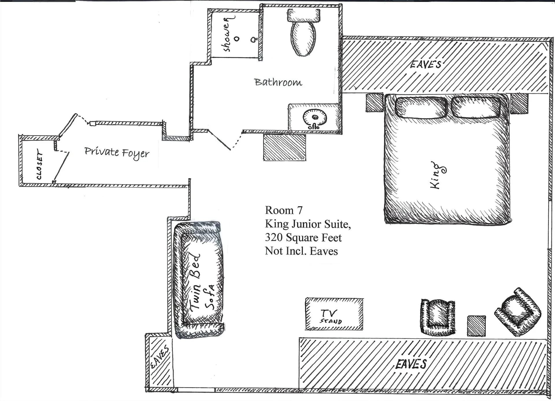 Floor plan of the Tosca Suite showing king bed, twin bed, and private bathroom layout