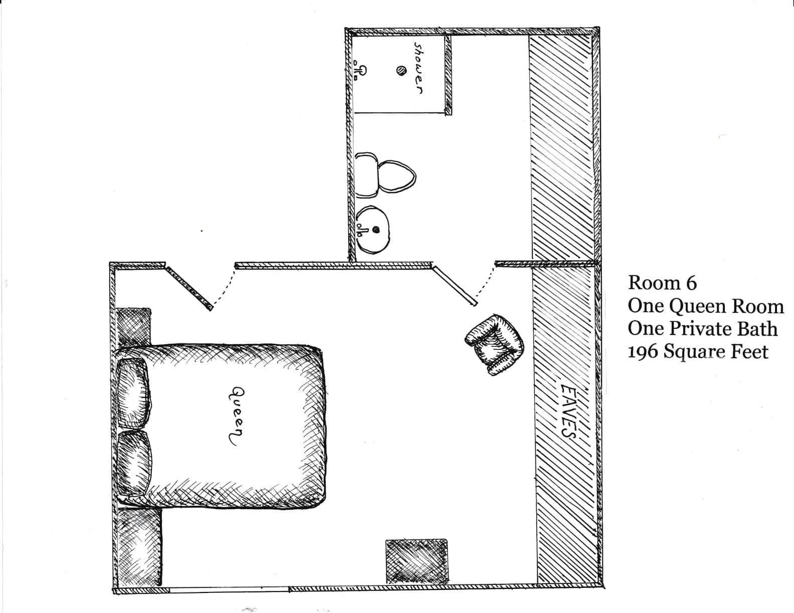 Floor plan of the Carmen Suite showing queen bed layout and private bathroom on the third floor