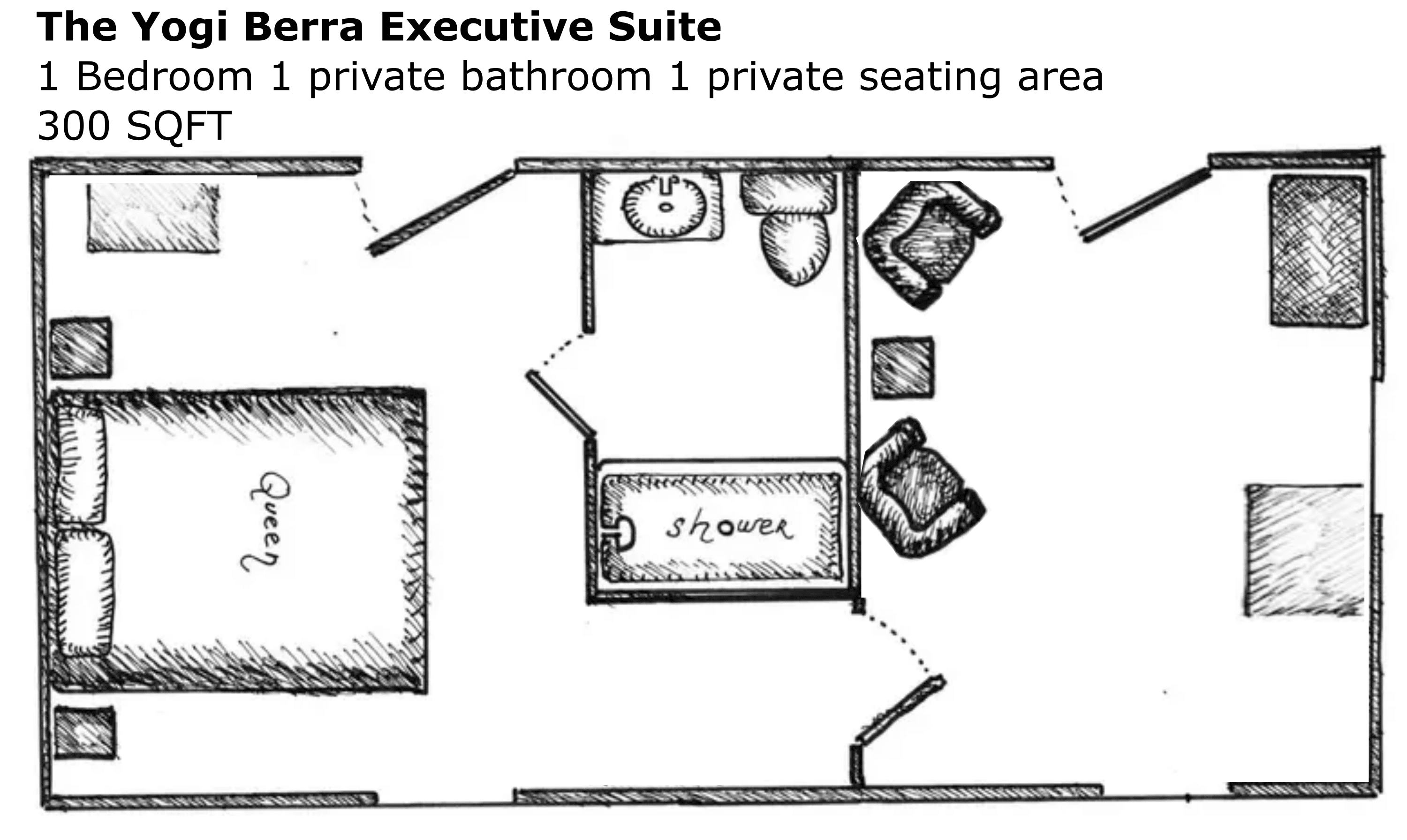 Floor plan of the Yogi Berra Executive Suite featuring a bedroom, private bathroom, and seating area, totaling 300 SQFT.
