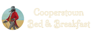 Logo for Cooperstown Bed & Breakfast featuring an illustration of a character in a red coat and top hat.