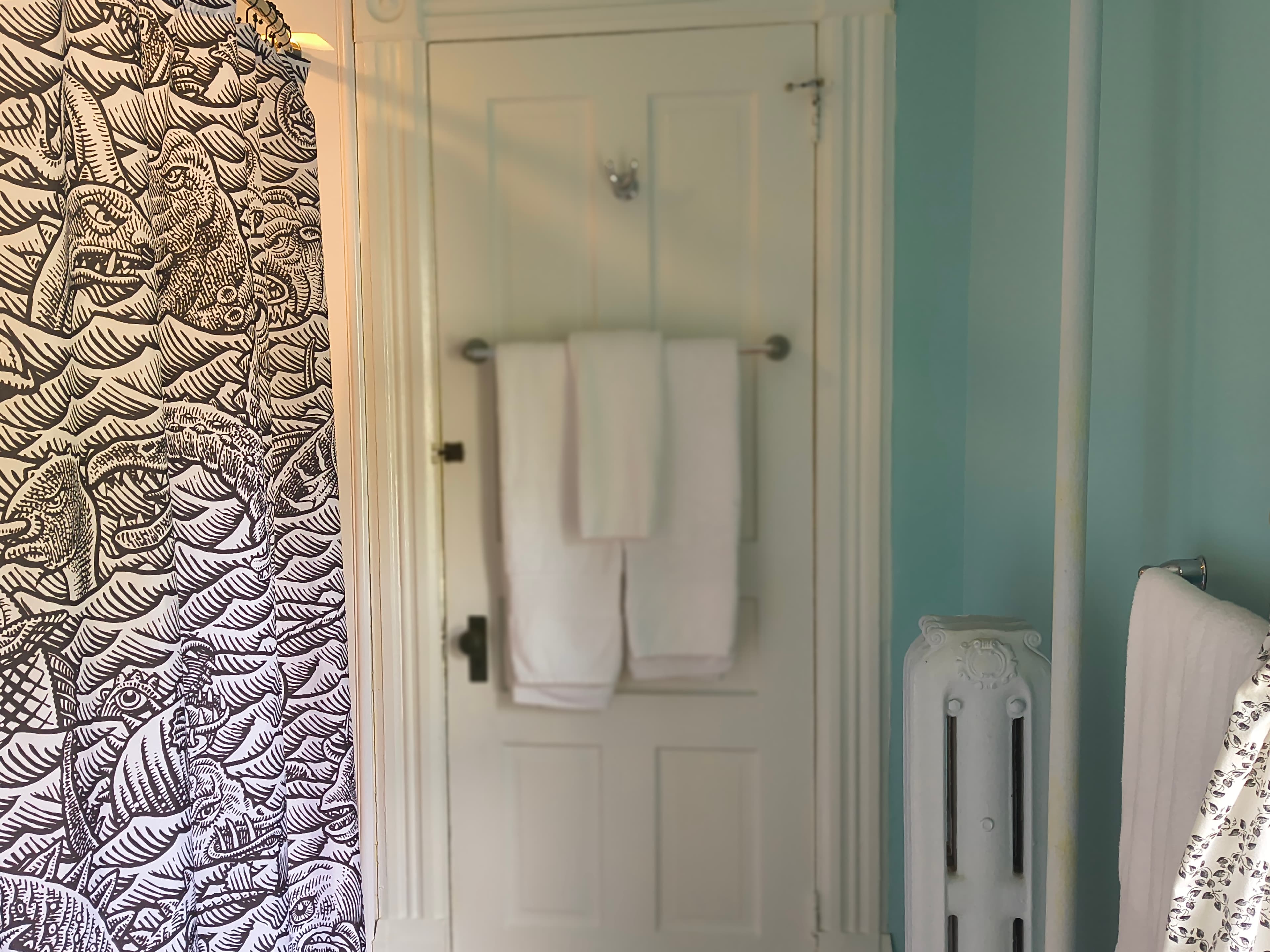 A bathroom featuring a patterned shower curtain, a white towel rack with towels, and a vintage-style radiator.