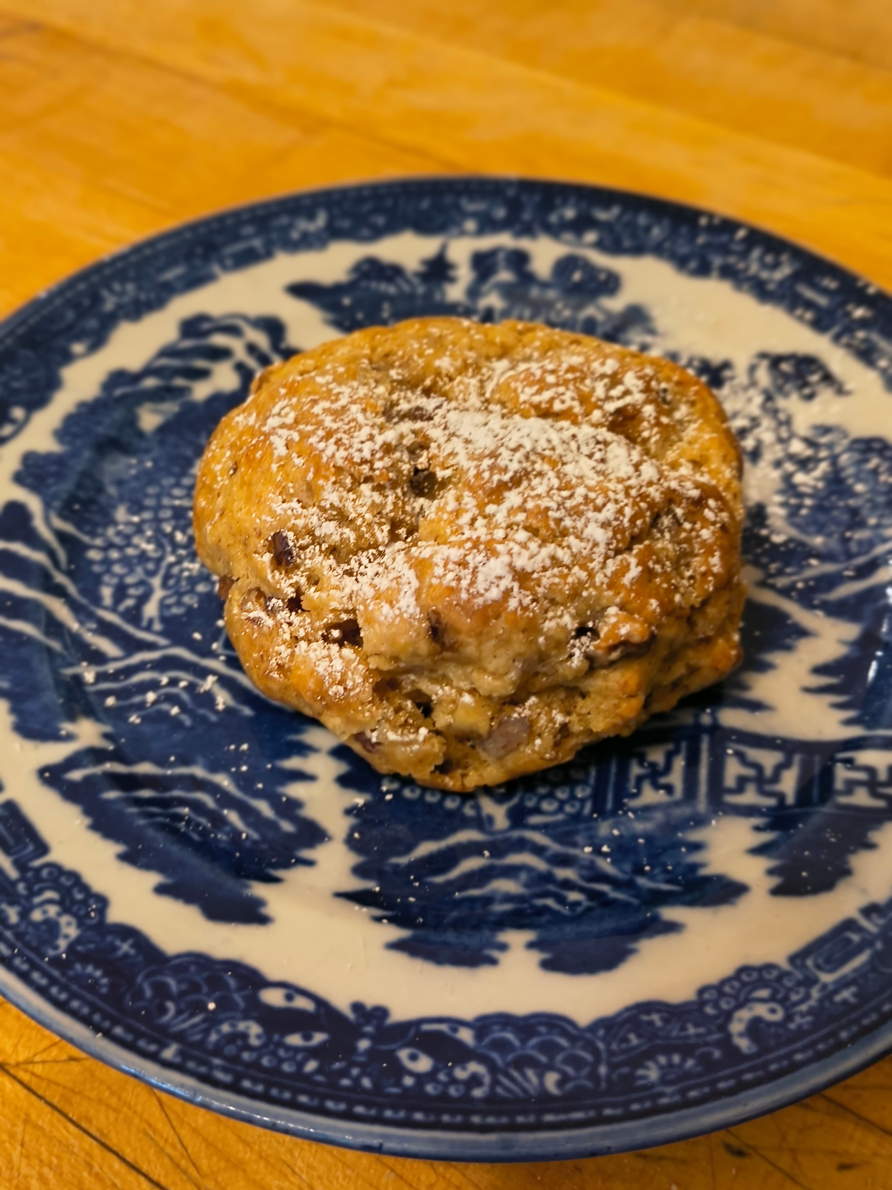 A chocolate chip cookie dusted with powdered sugar on a blue and white patterned plate.