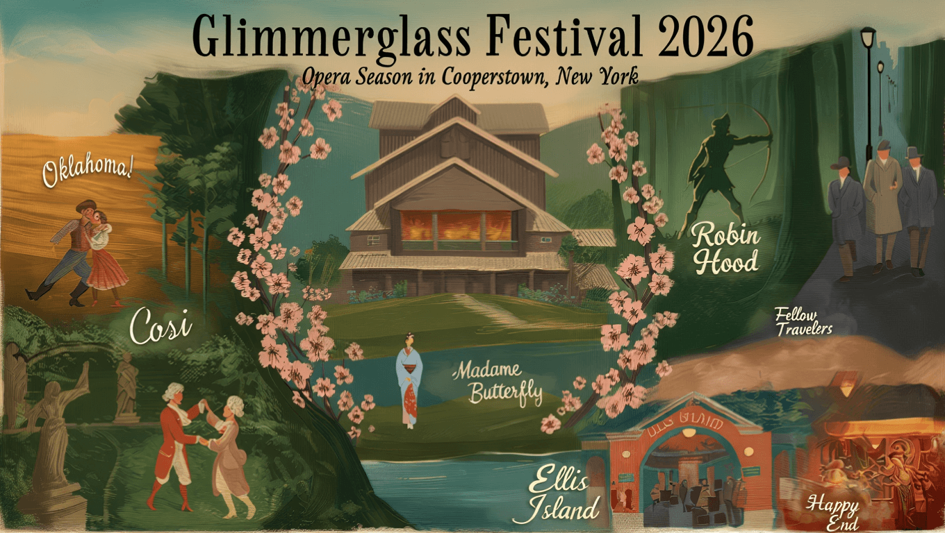 A colorful promotional poster for the Glimmerglass Festival 2026, featuring titles of operas and a scenic depiction of the venue in Cooperstown, New York.