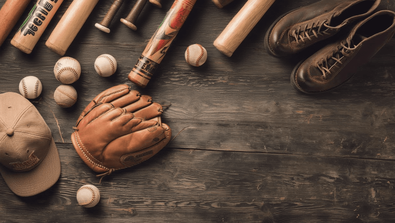 A baseball glove, balls, bat, and brown shoes arranged on a wooden surface.