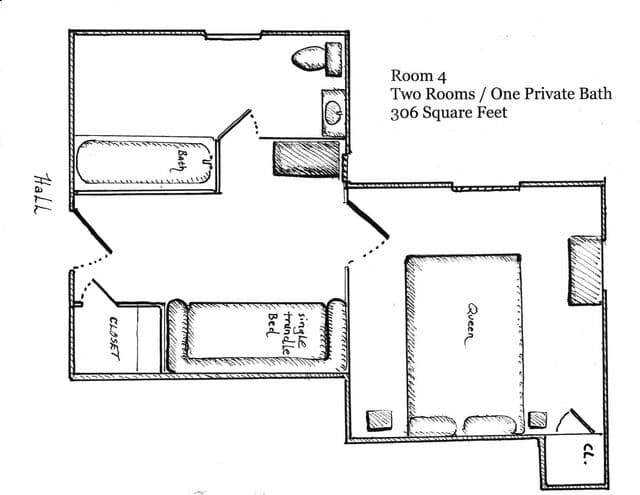 Floor plan of Room 4, featuring two rooms, one private bath, and a total area of 306 square feet.