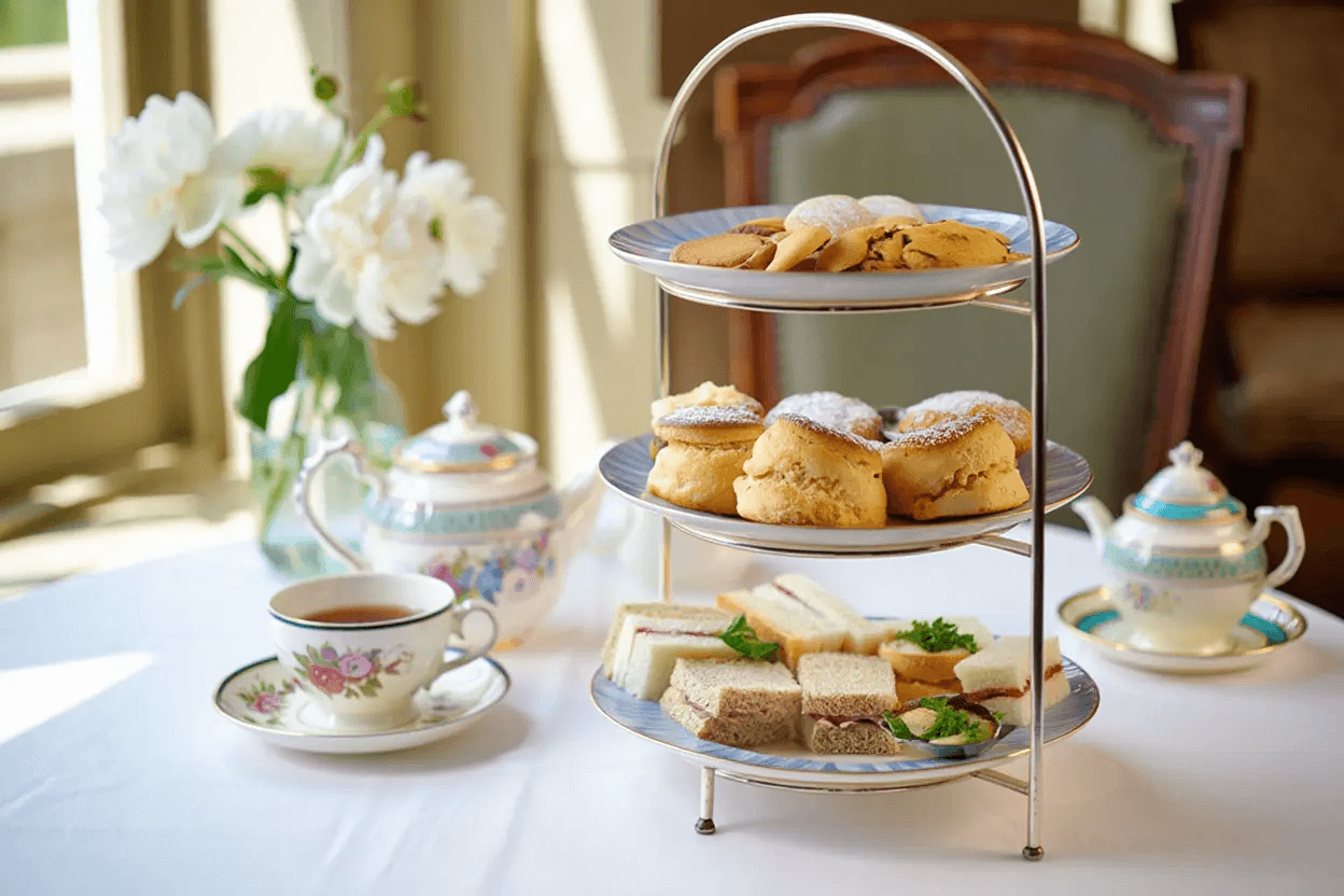 A three-tiered stand displays an assortment of cookies, scones, and sandwiches beside a cup of tea and a teapot.