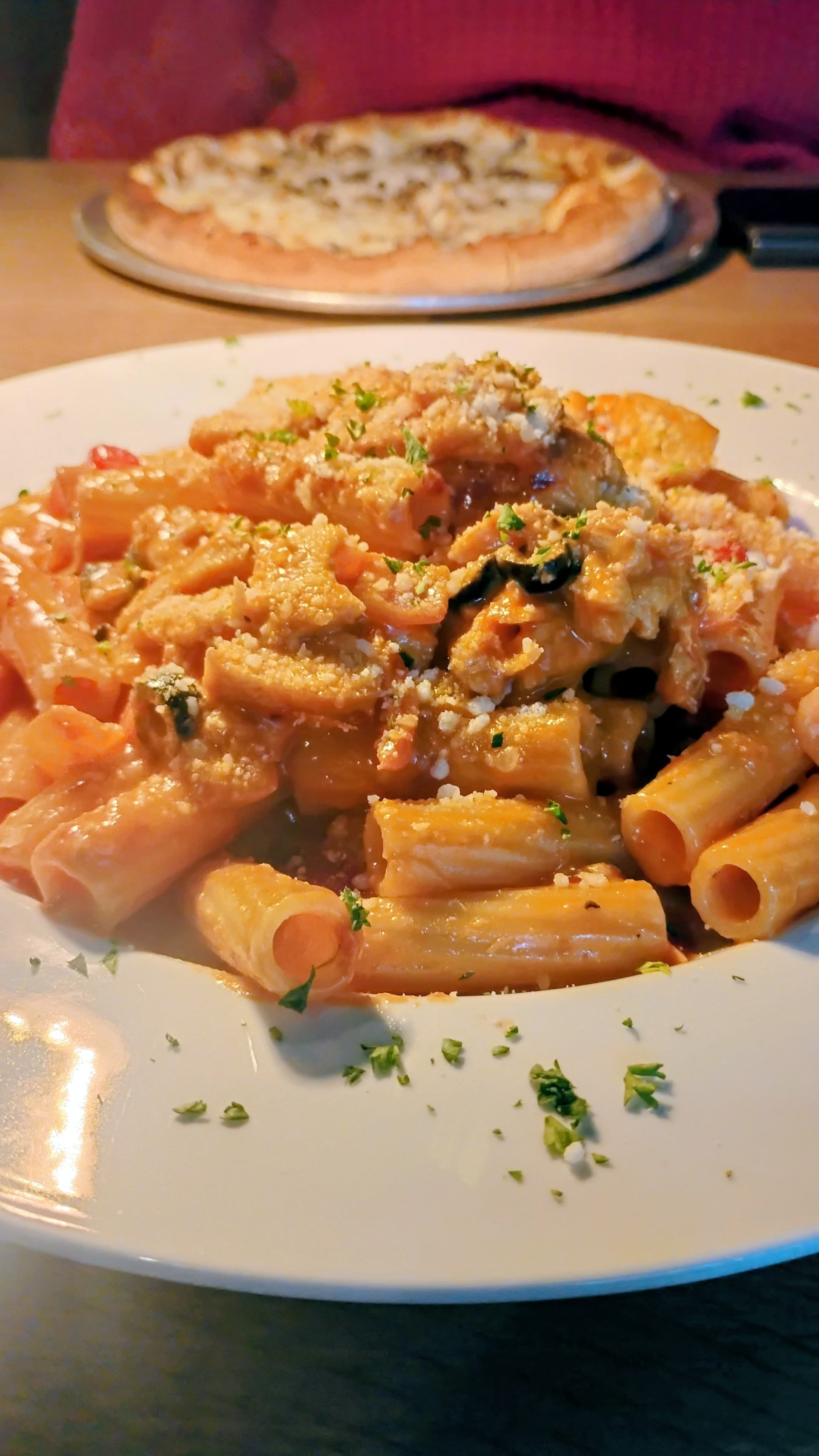 A plate of rigatoni pasta topped with sauce and herbs, with a pizza in the background.