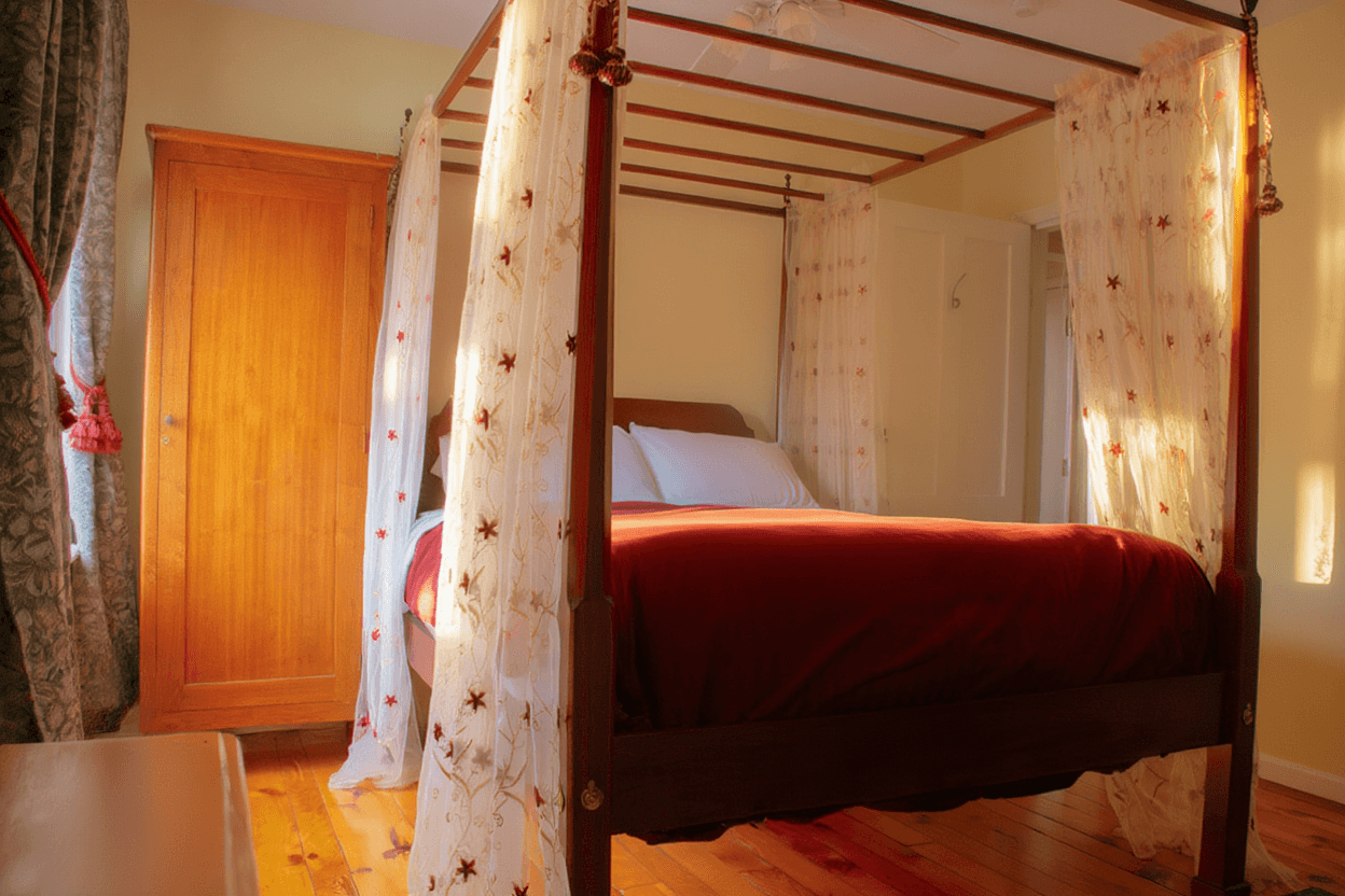 A four-poster bed with red bedding and sheer curtains in a cozy bedroom.