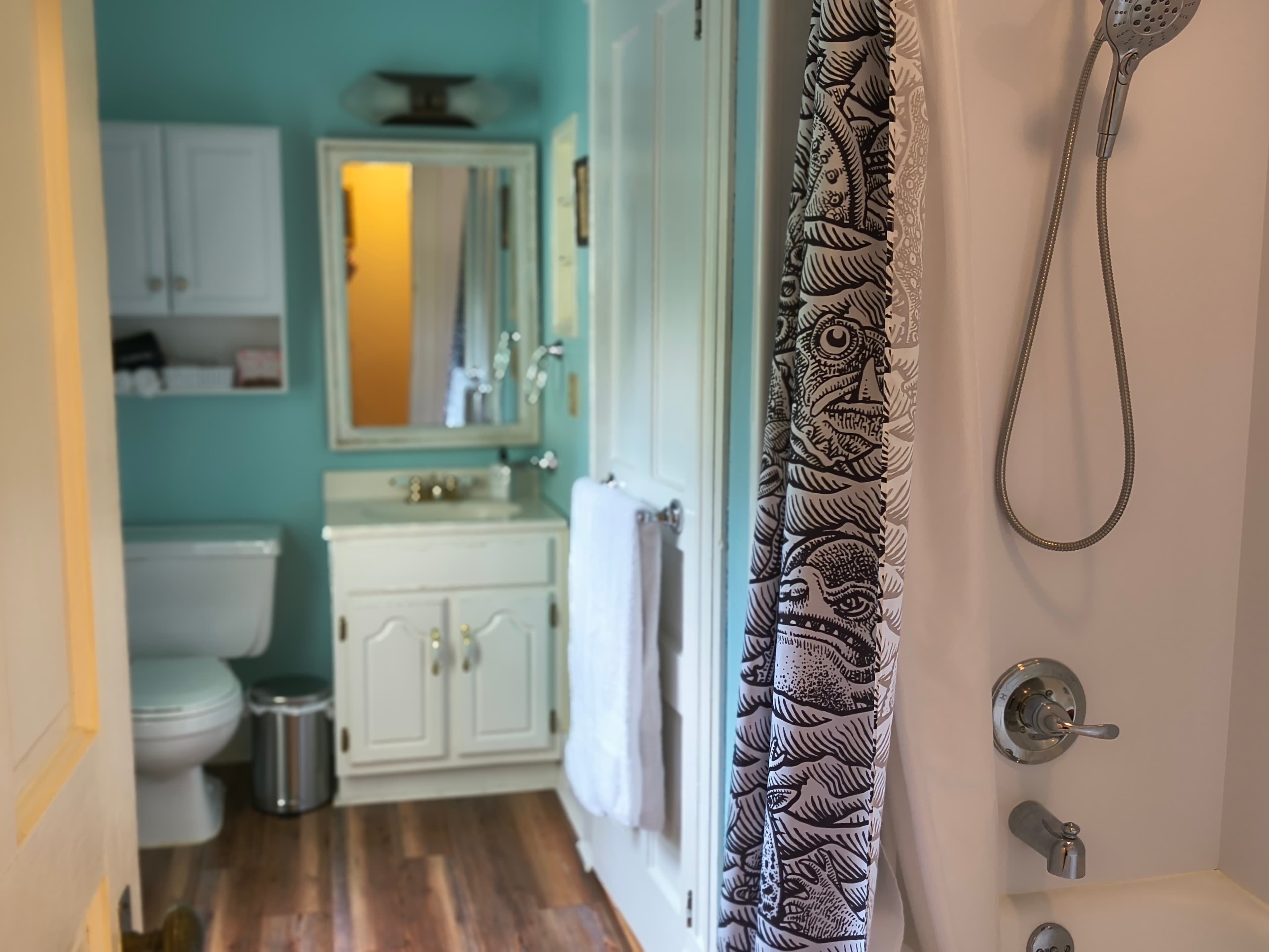 A bright bathroom featuring a turquoise wall, white cabinetry, and a patterned shower curtain.
