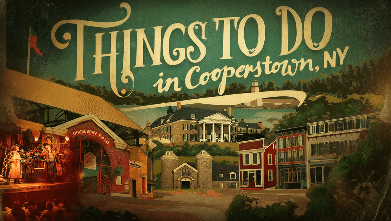 A vintage-style illustration promoting attractions in Cooperstown, NY, featuring buildings and a performance scene.