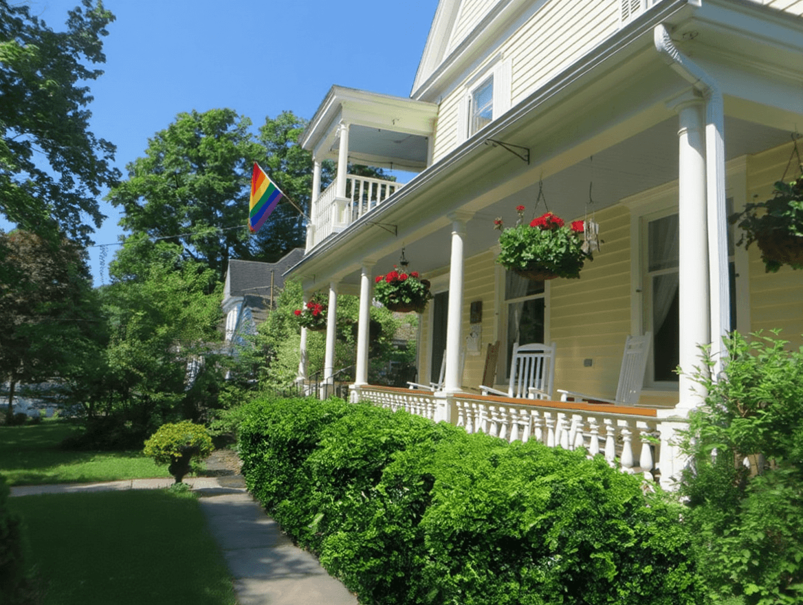 A sunny porch adorned with red flower pots and a rainbow flag, surrounded by lush greenery.