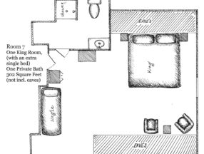 Floorplan of Room 7, 1 king room with extra single bed, 1 private bath